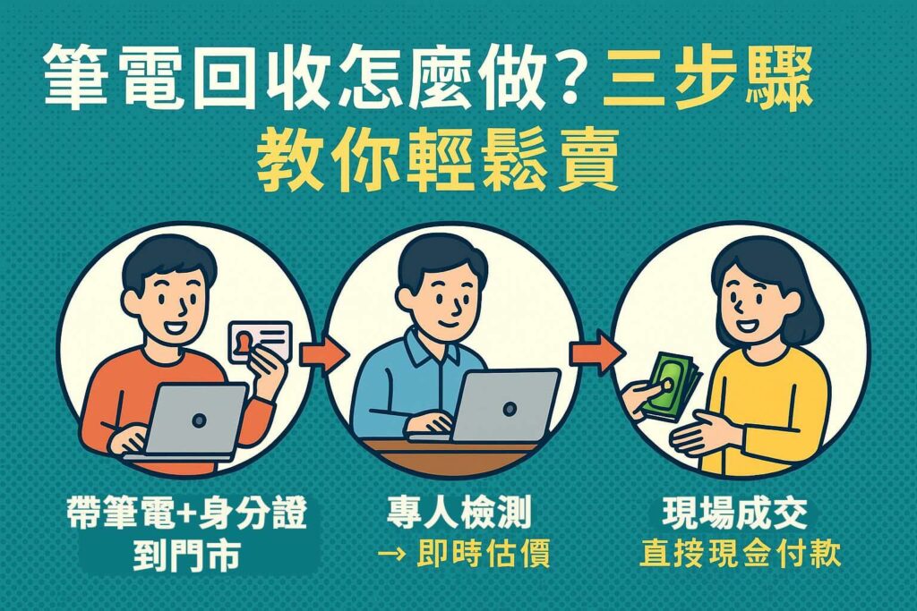 筆電回收流程三步驟圖卡：帶筆電到門市、專人即時估價、現場成交領現金