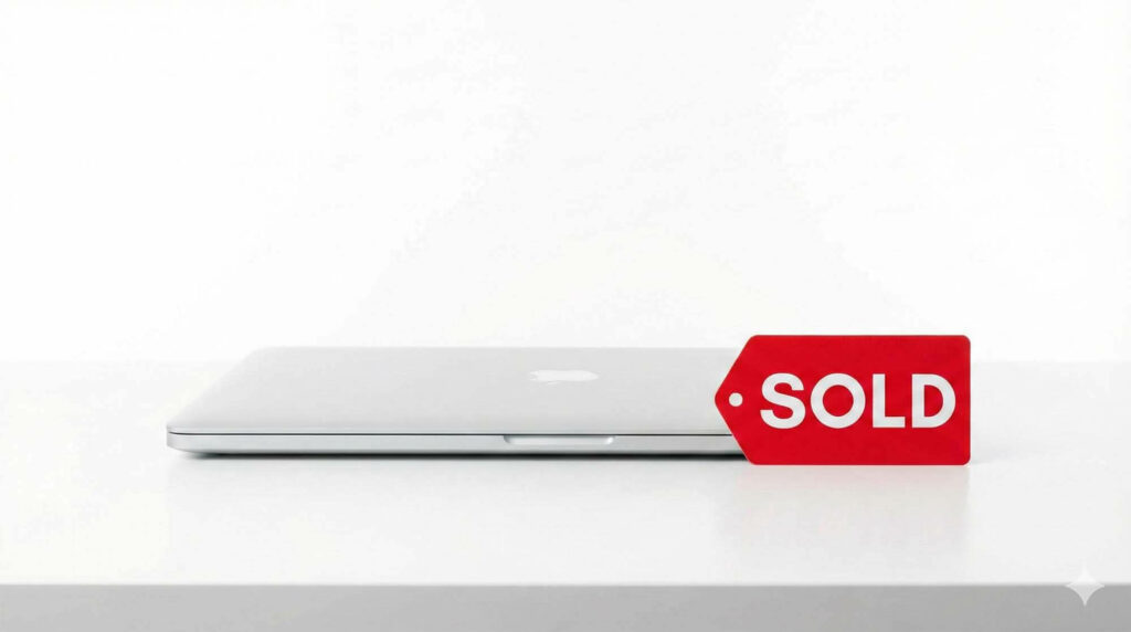 筆記型電腦旁放置著「已售出」的標籤象徵快速交易 / Laptop with a "Sold" tag next to it symbolizing fast transaction